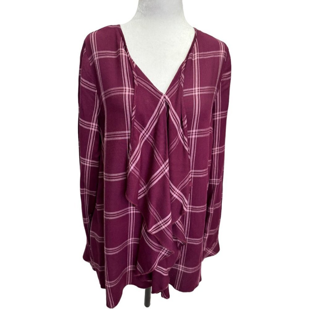 Kenzie Burgundy Plaid V-Necl Long Sleeve Blouse Top Size L